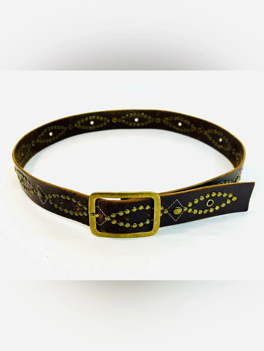 Western Brass Studded Belt, Brown Faux Leather with Studded Design